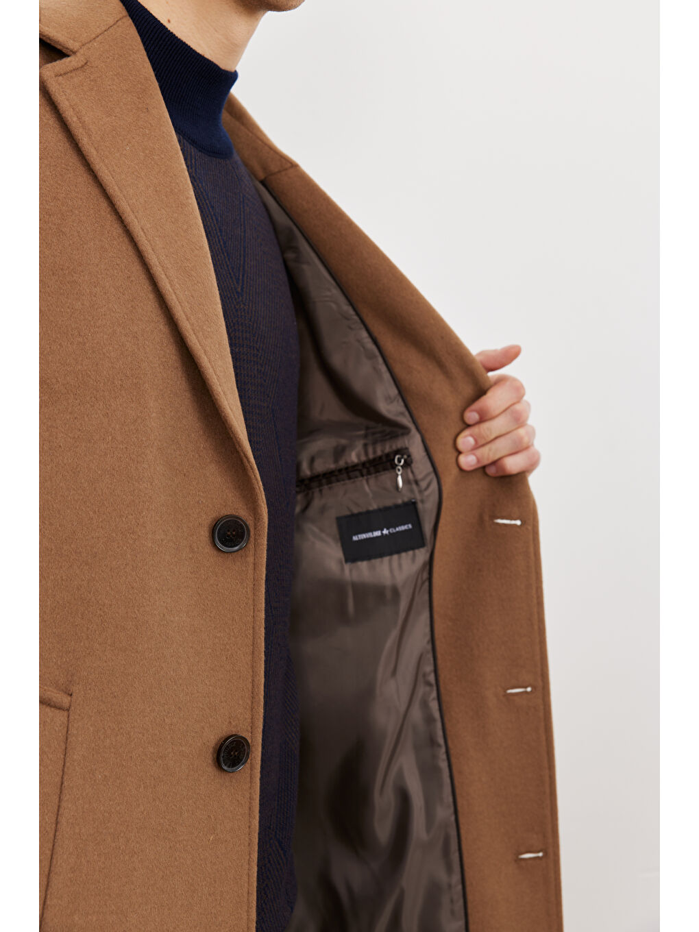 Kahverengi Erkek Camel Standart Fit Normal Kesim Mono Yaka Yünlü Palto-3