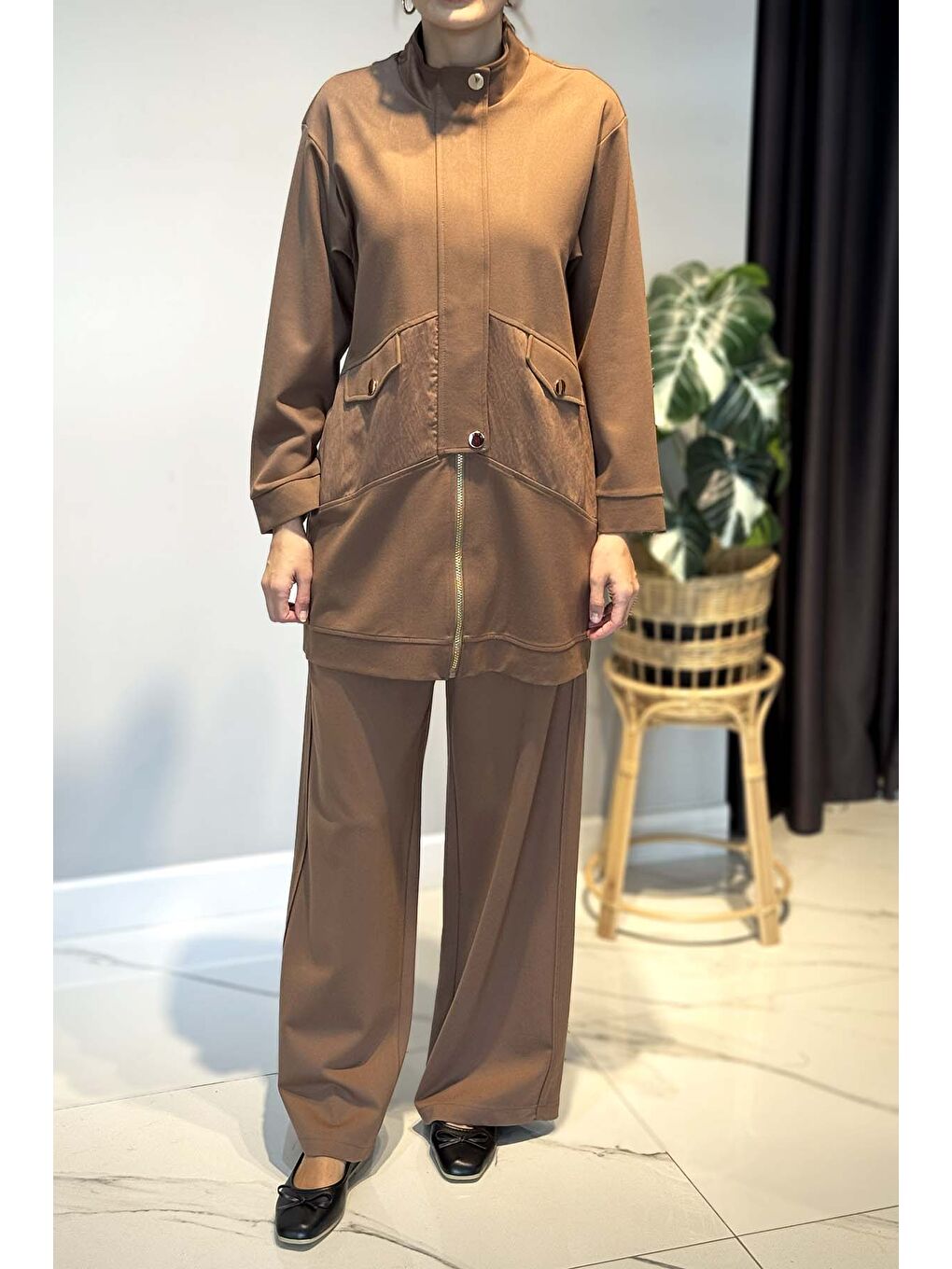 Kahverengi Önden Fermuarlı Yarım Patlı Çelik Takım 6921 Camel-3