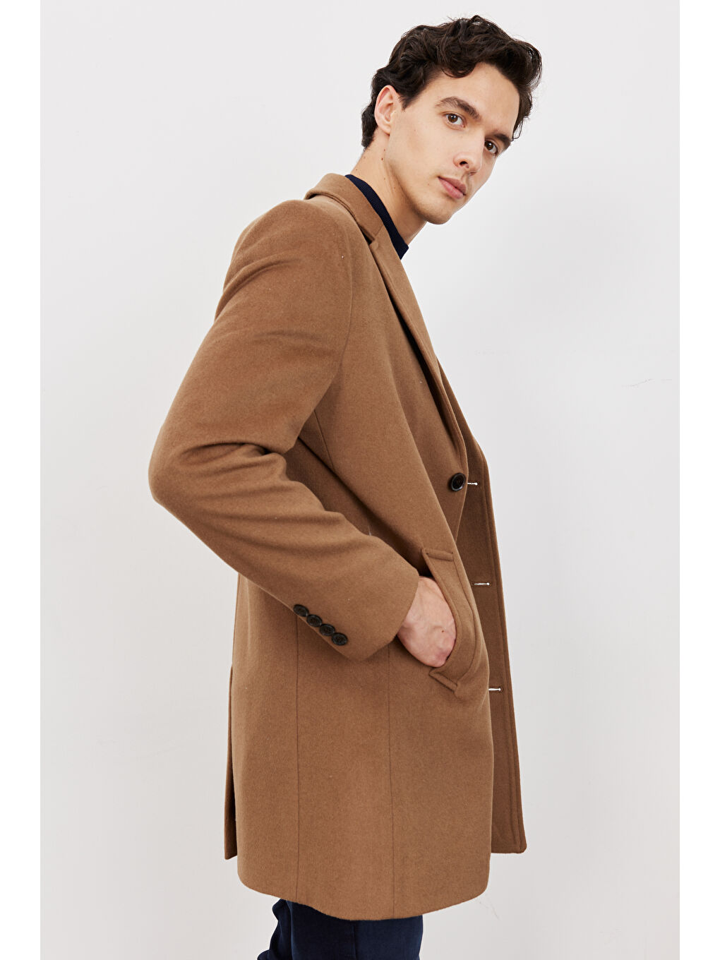 Kahverengi Erkek Camel Standart Fit Normal Kesim Mono Yaka Yünlü Palto-4