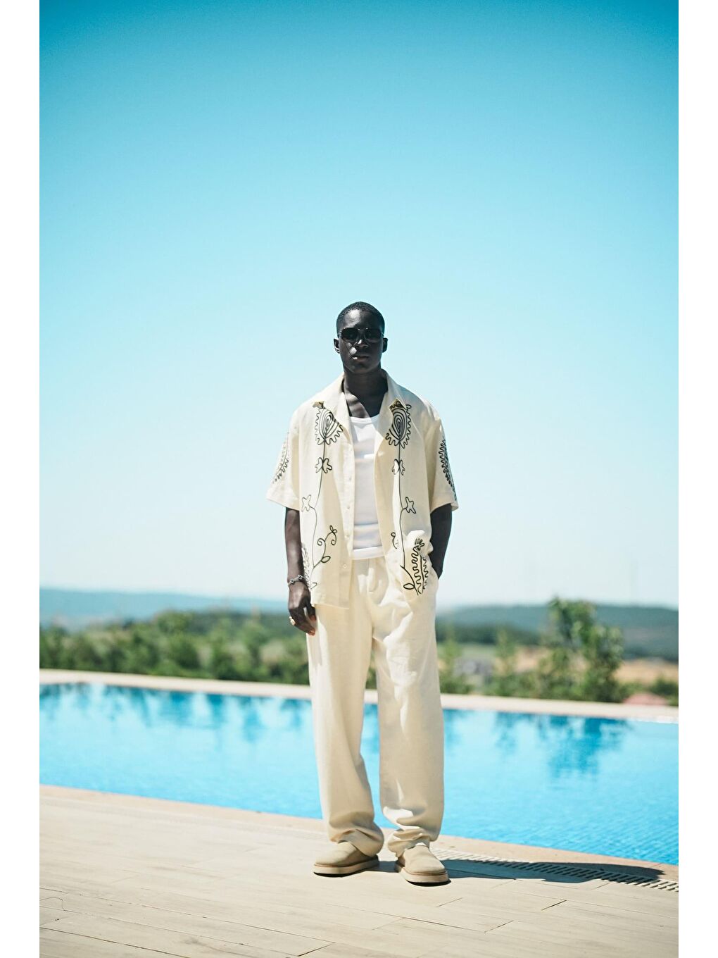 Erkek Keten Karışımlı Desenli Kısa Kollu Oversize Gömlek Bej-5