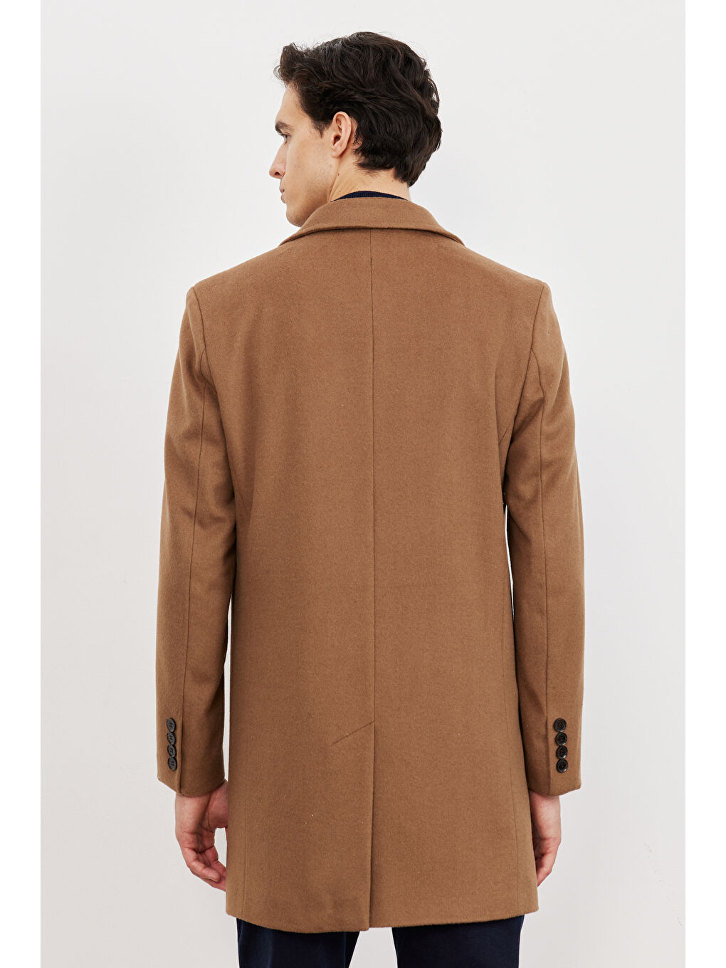Kahverengi Erkek Camel Standart Fit Normal Kesim Mono Yaka Yünlü Palto-5
