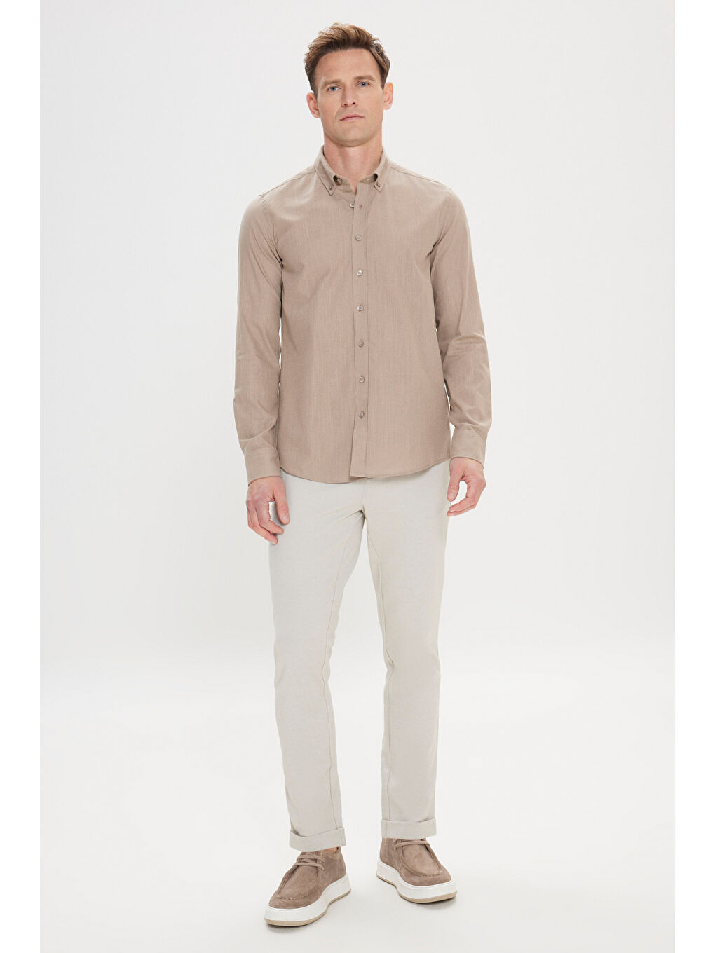 Bej Erkek Vizon %100 Pamuk Oxford Slim Fit Dar Kesim Düğmeli Yaka Flamlı Gömlek-1