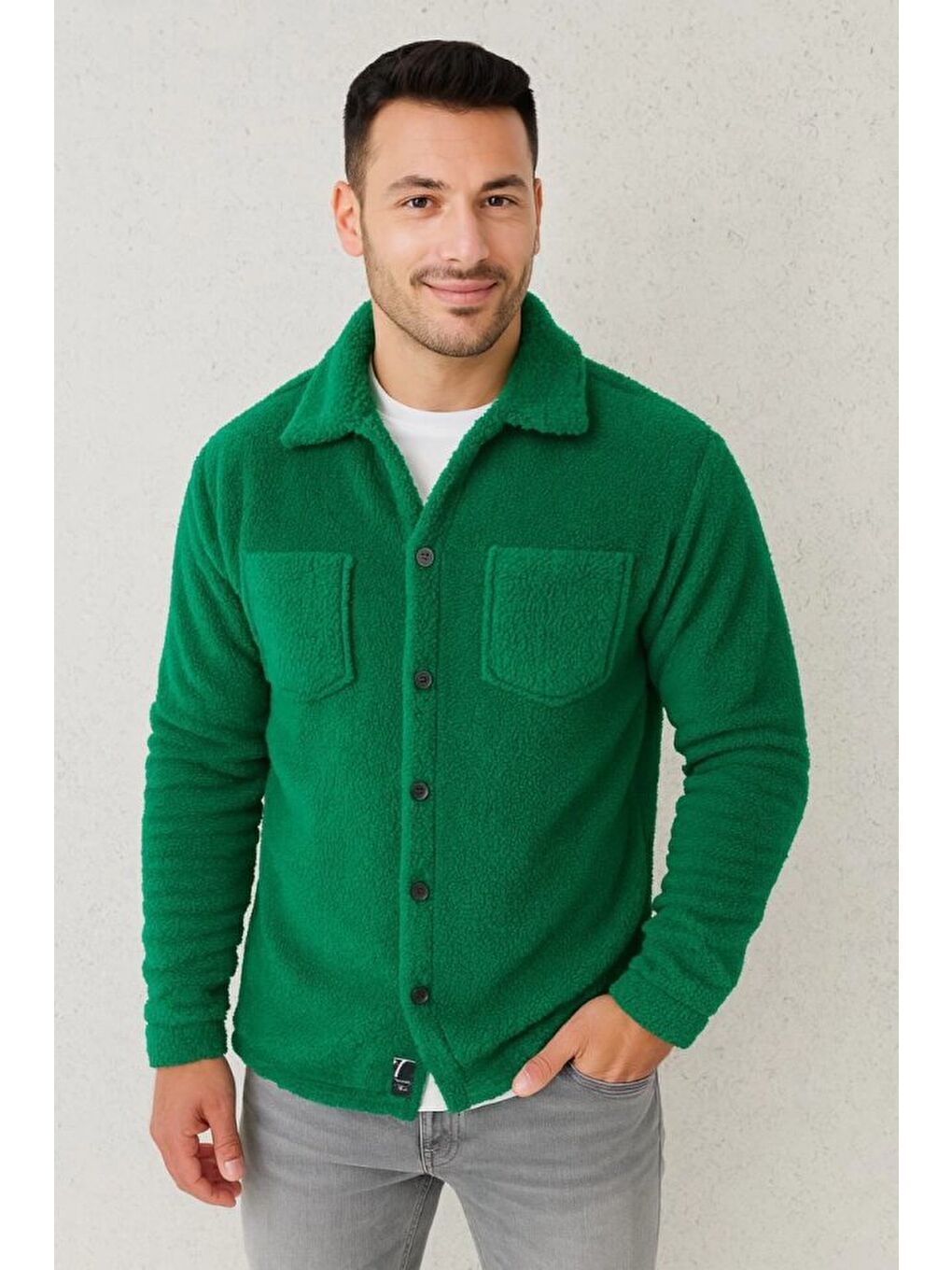 Yeşil Erkek Pelüş Polar Hırka Gömlek Yakalı, İlik Düğmeli, Göğüs Cepli, Yumuşak Dokulu Kışlık Regular Fi