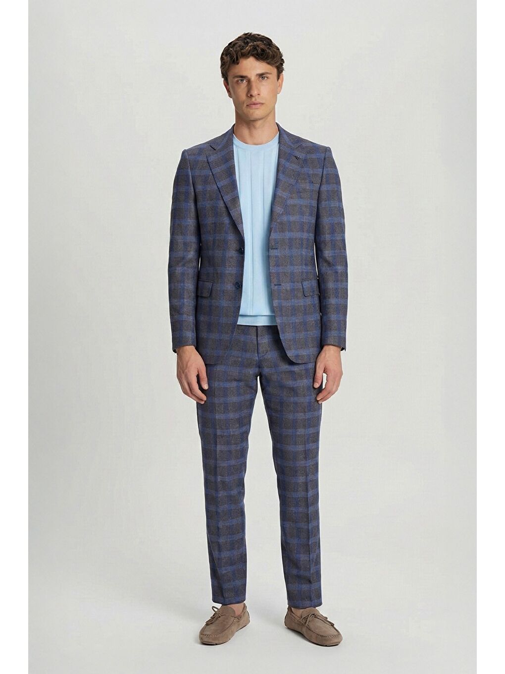 Giotelli Kahverengi Slim Fit Mono Yaka Ekose Desenli Yelekli Takım Elbise-2