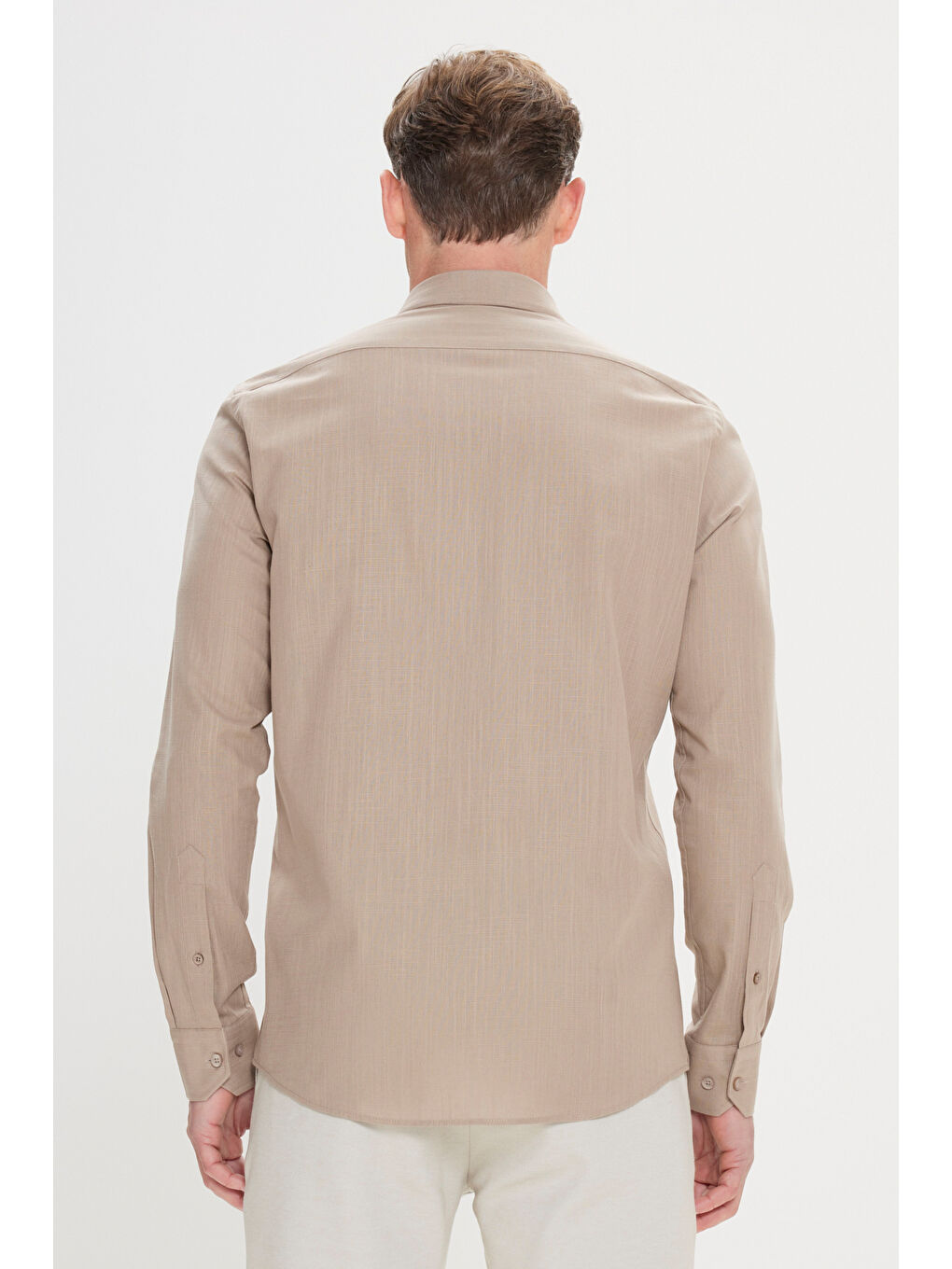 Bej Erkek Vizon %100 Pamuk Oxford Slim Fit Dar Kesim Düğmeli Yaka Flamlı Gömlek-3