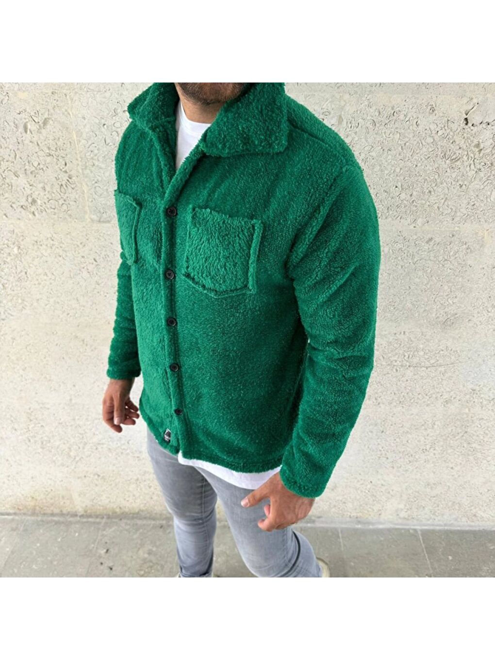 Yeşil Erkek Pelüş Polar Hırka Gömlek Yakalı, İlik Düğmeli, Göğüs Cepli, Yumuşak Dokulu Kışlık Regular Fi-1