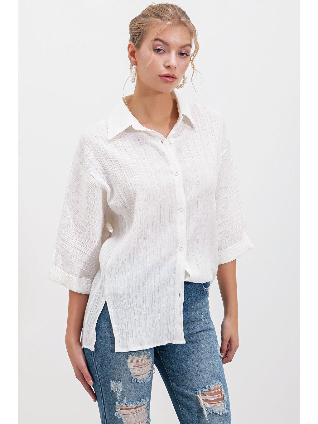 Ekru Uzun kollu Keten Gömlek-1