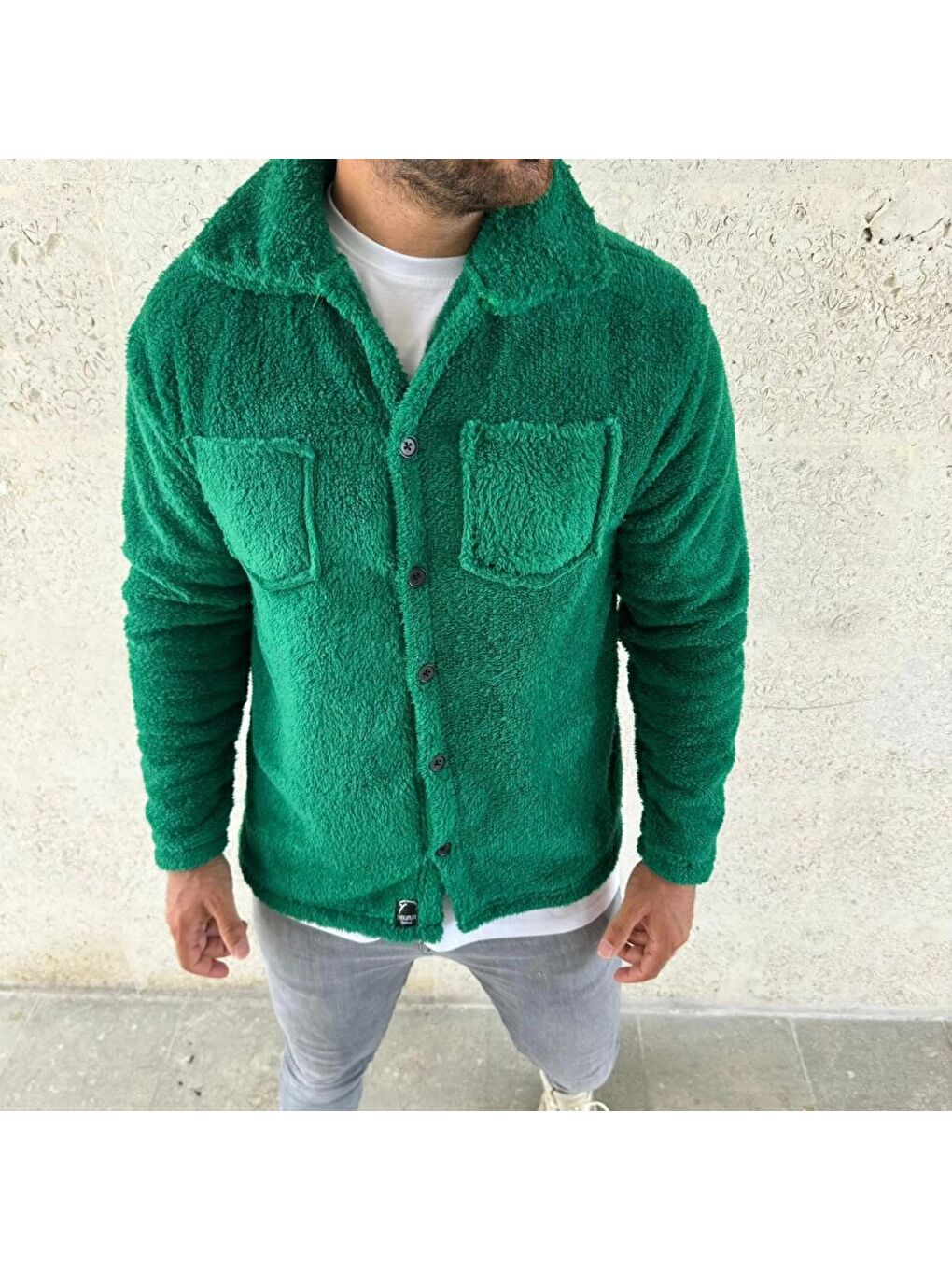Yeşil Erkek Pelüş Polar Hırka Gömlek Yakalı, İlik Düğmeli, Göğüs Cepli, Yumuşak Dokulu Kışlık Regular Fi-2