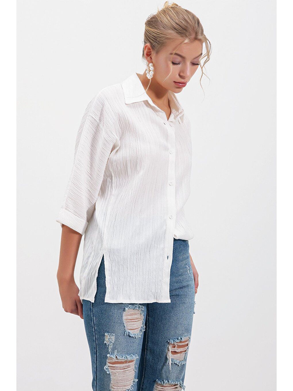 Ekru Uzun kollu Keten Gömlek-2