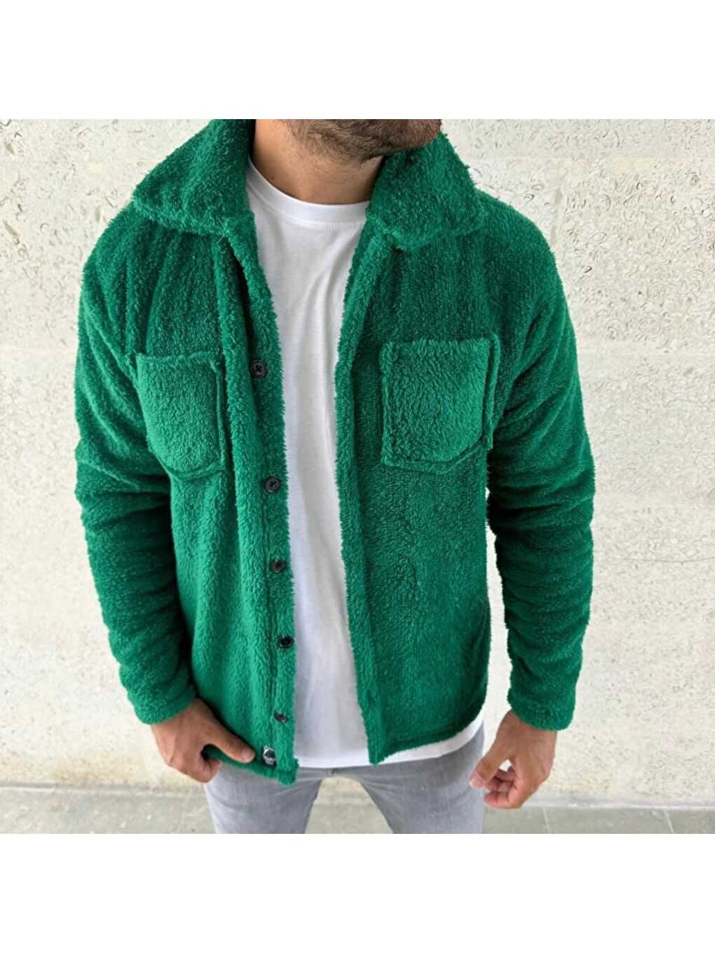 Yeşil Erkek Pelüş Polar Hırka Gömlek Yakalı, İlik Düğmeli, Göğüs Cepli, Yumuşak Dokulu Kışlık Regular Fi-3