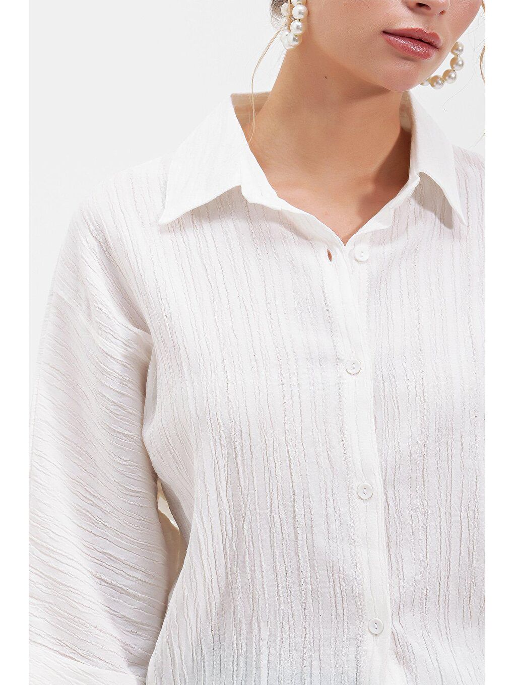 Ekru Uzun kollu Keten Gömlek-3