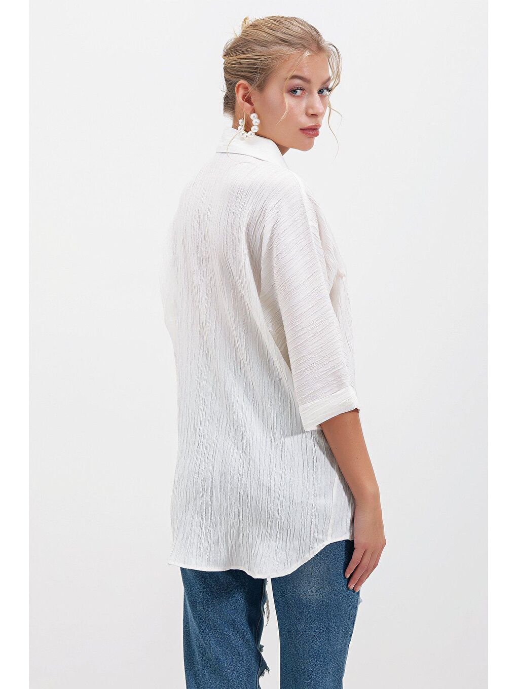 Ekru Uzun kollu Keten Gömlek-4