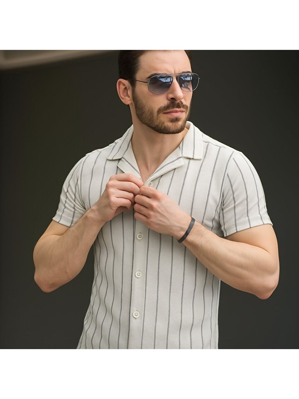 Antrasit Erkek Kısa Kollu Gri çizgi Desenli örme Kumaş Pamuklu Gömlek-1