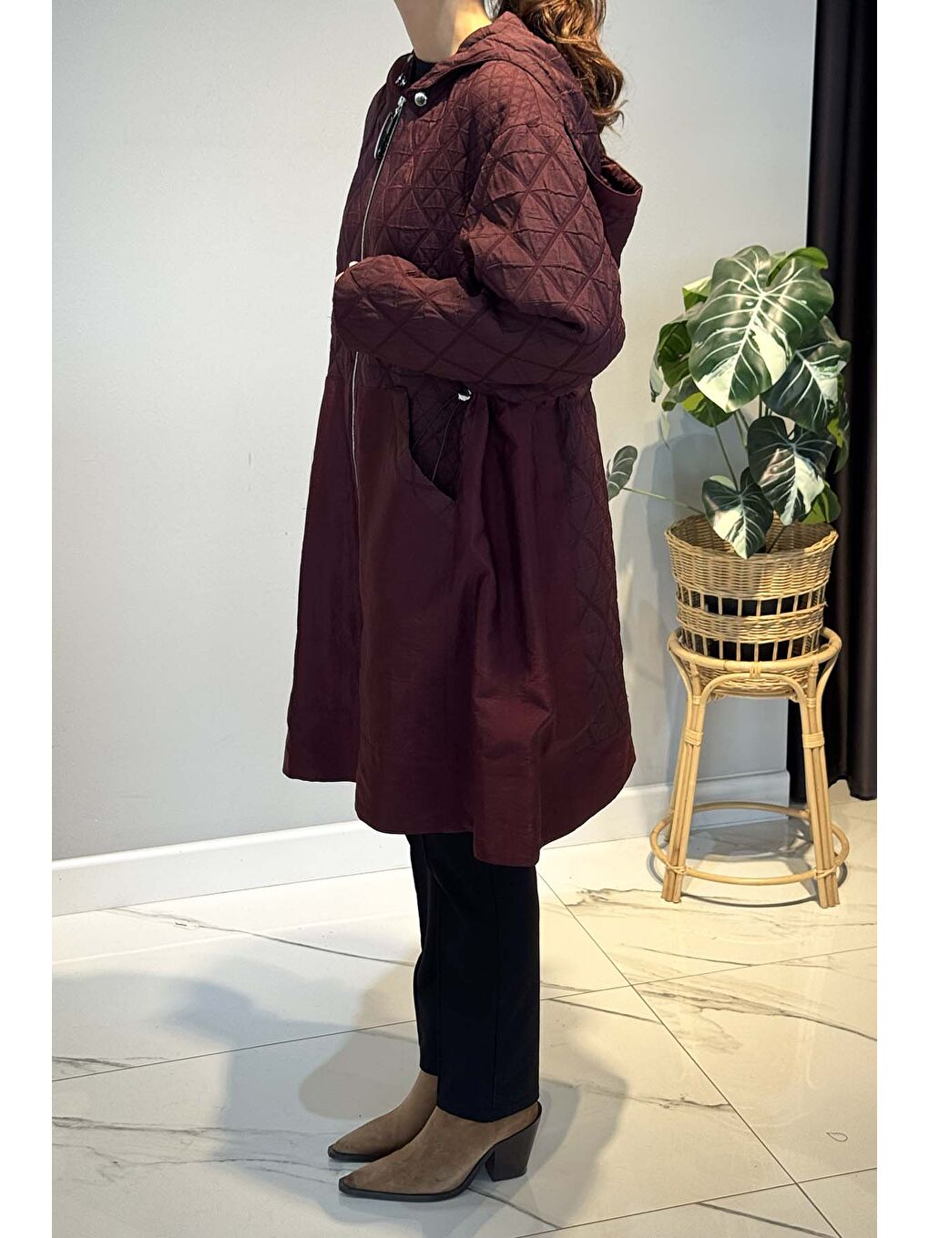 Önden Fermuarlı Yanlardan Cepli Baklava Kapitön Kısa Kap Ceket 6819 Bordo-1