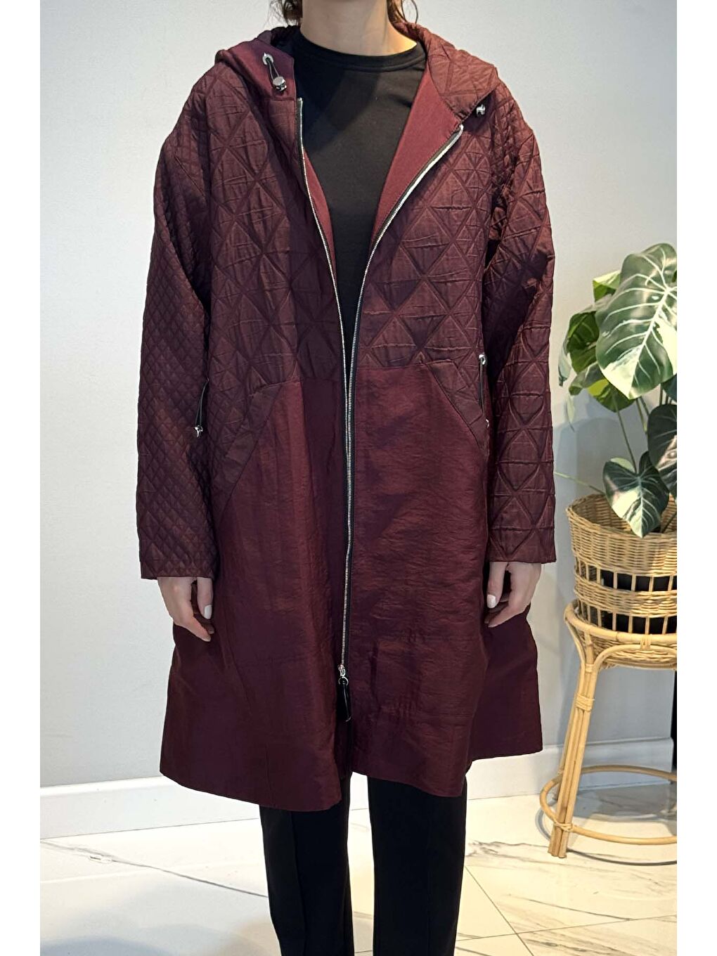 Önden Fermuarlı Yanlardan Cepli Baklava Kapitön Kısa Kap Ceket 6819 Bordo-2