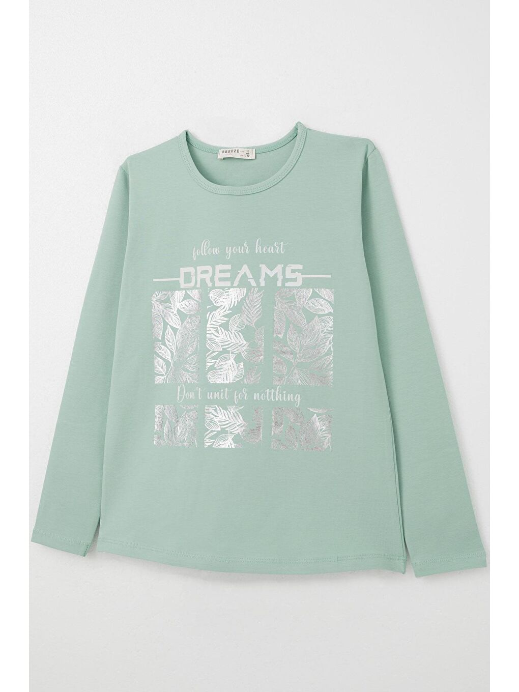Turkuaz Kız Çocuk Uzun Kollu Tişört Yaldızlı Yaprak Desenli Su Yeşili (9-11 Yaş)-2
