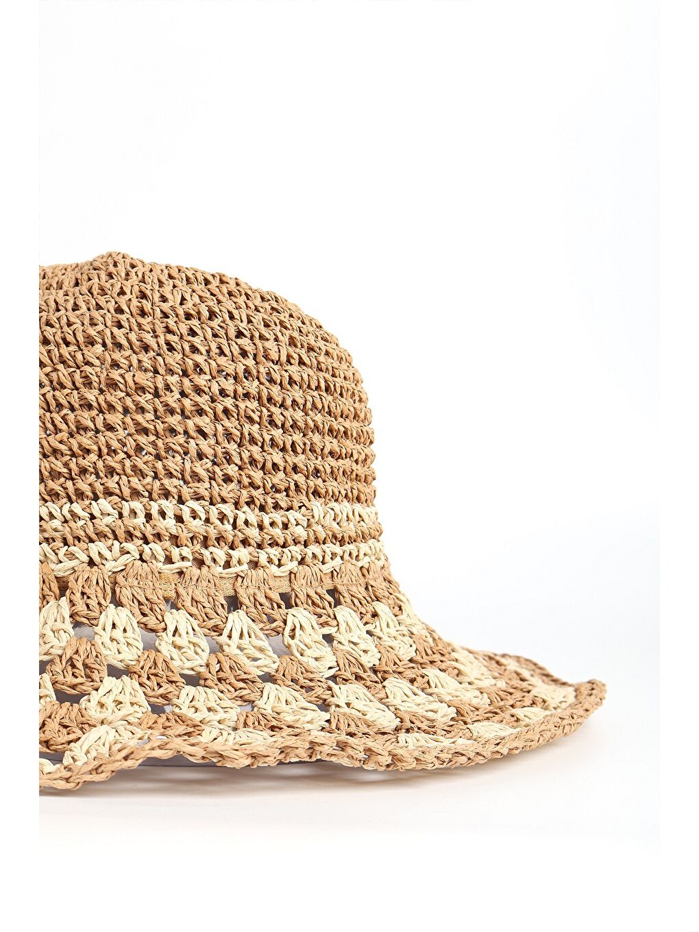 Kahverengi Dokuma Detaylı Toprak Bej Renk Örme Hasır Plaj Şapkası 19041-1