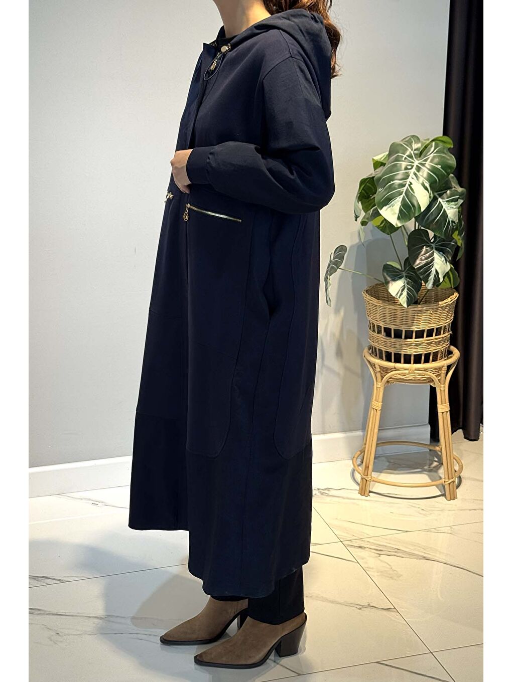 Önden Patlı Cepleri Fermuarlı Kapüşonlu Dubai Garnili Çelik Kap Ceket 6811 Lacivert-2