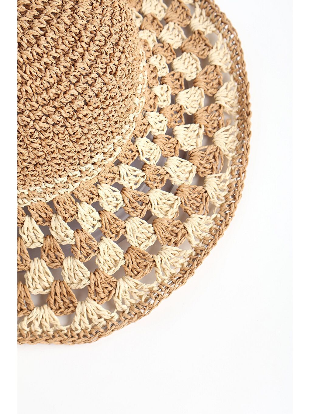 Kahverengi Dokuma Detaylı Toprak Bej Renk Örme Hasır Plaj Şapkası 19041-2