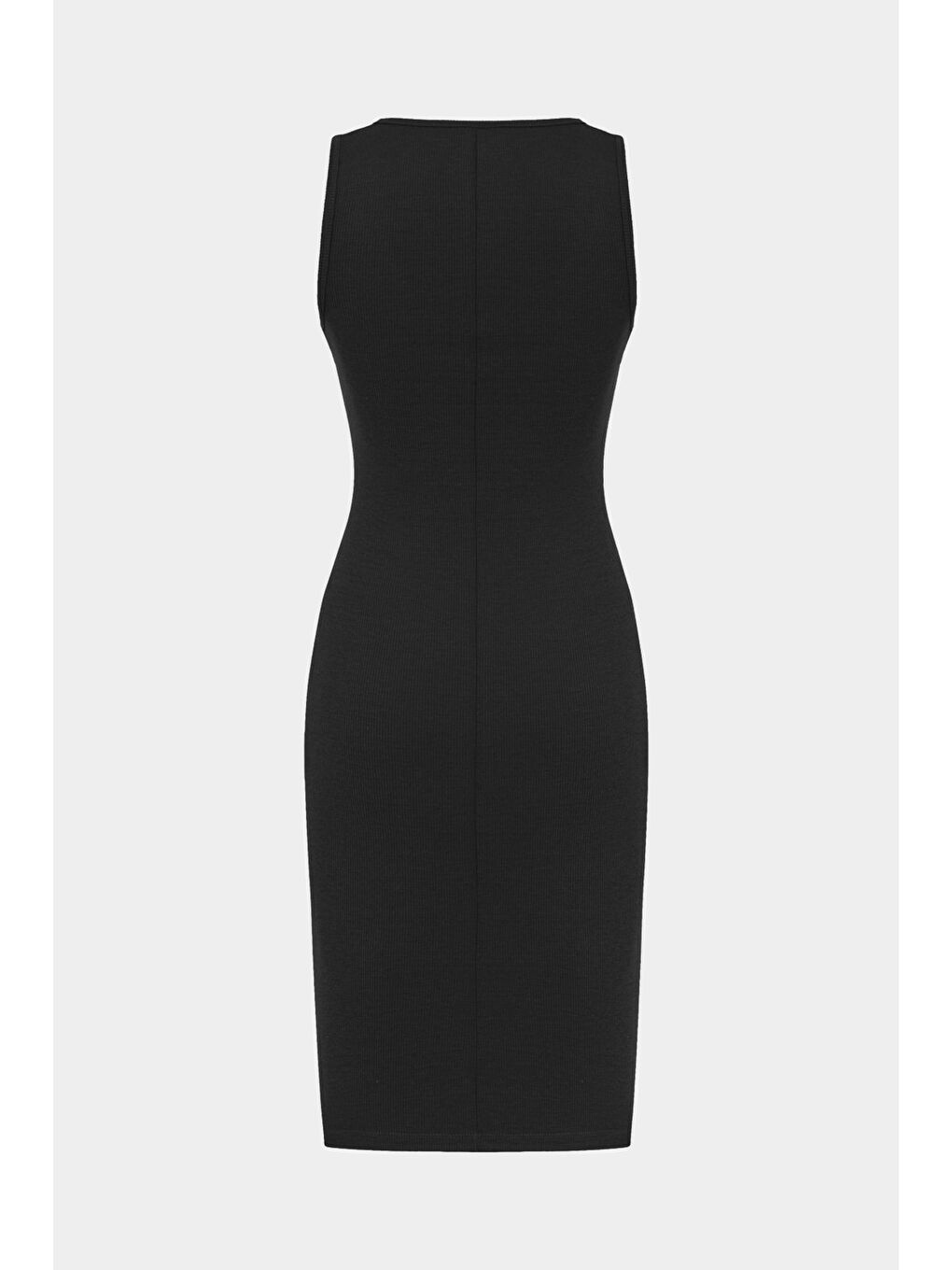 Siyah Kadın Vücuda Oturan Askılı Kare Yaka Mini Elbise