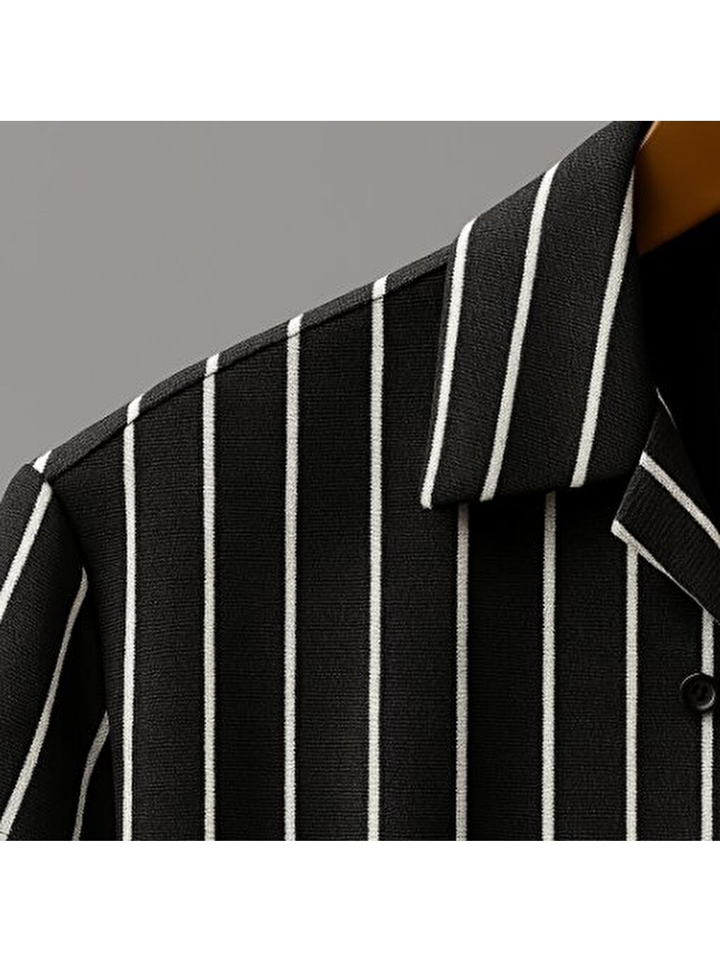 Siyah Erkek Kısa Kollu Beyaz çizgi Desenli örme Kumaş Pamuklu Gömlek-1