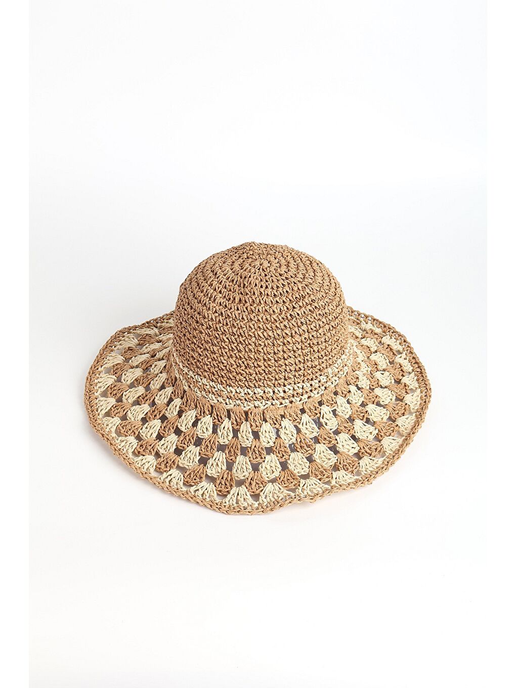Kahverengi Dokuma Detaylı Toprak Bej Renk Örme Hasır Plaj Şapkası 19041-3