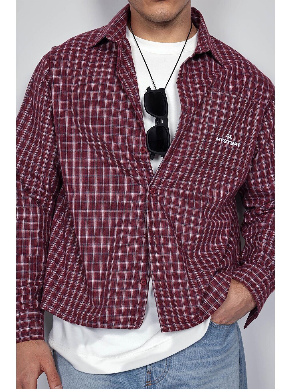 Erkek Boxy Fit Oversize Ekose Uzun Kollu Gömlek Bordo-1