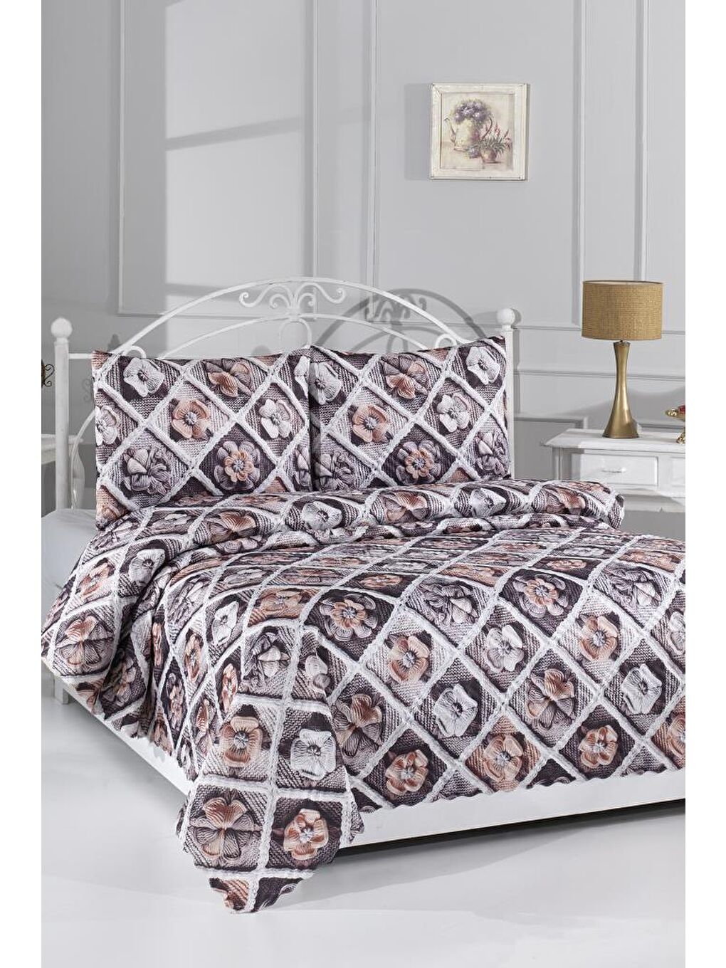 Karışık Gülce Ultrasonik Kapitoneli 5D Baskılı Çift Kişilik Pike Takımı