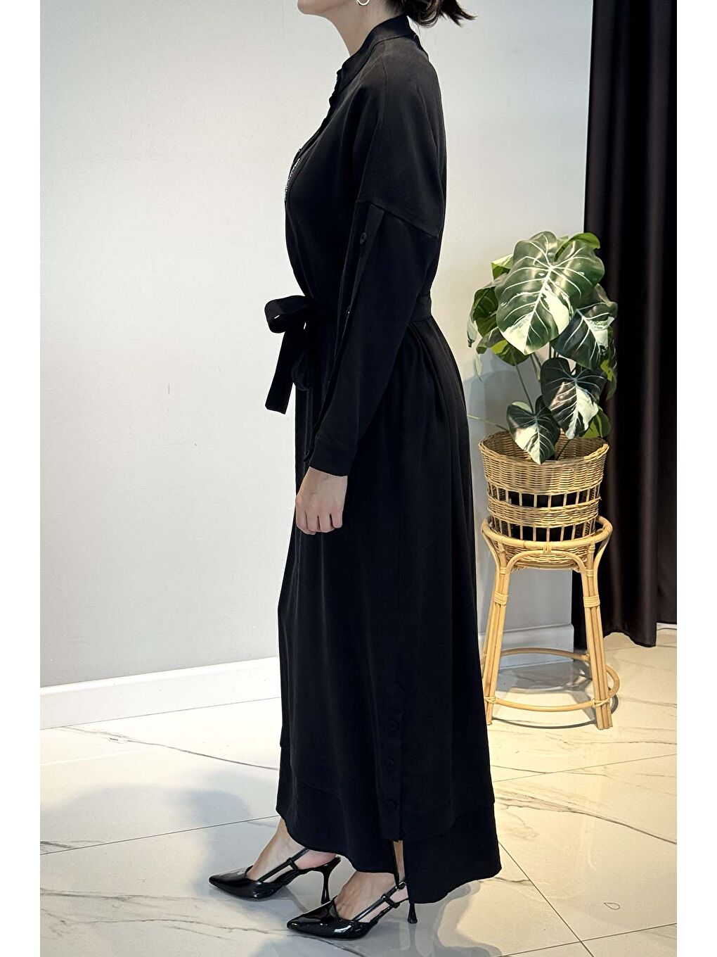 Kolları Ve Etek Altı Düğme Detaylı Elbise 6701 Siyah-1