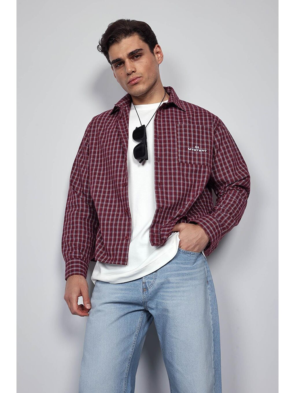 Erkek Boxy Fit Oversize Ekose Uzun Kollu Gömlek Bordo-2