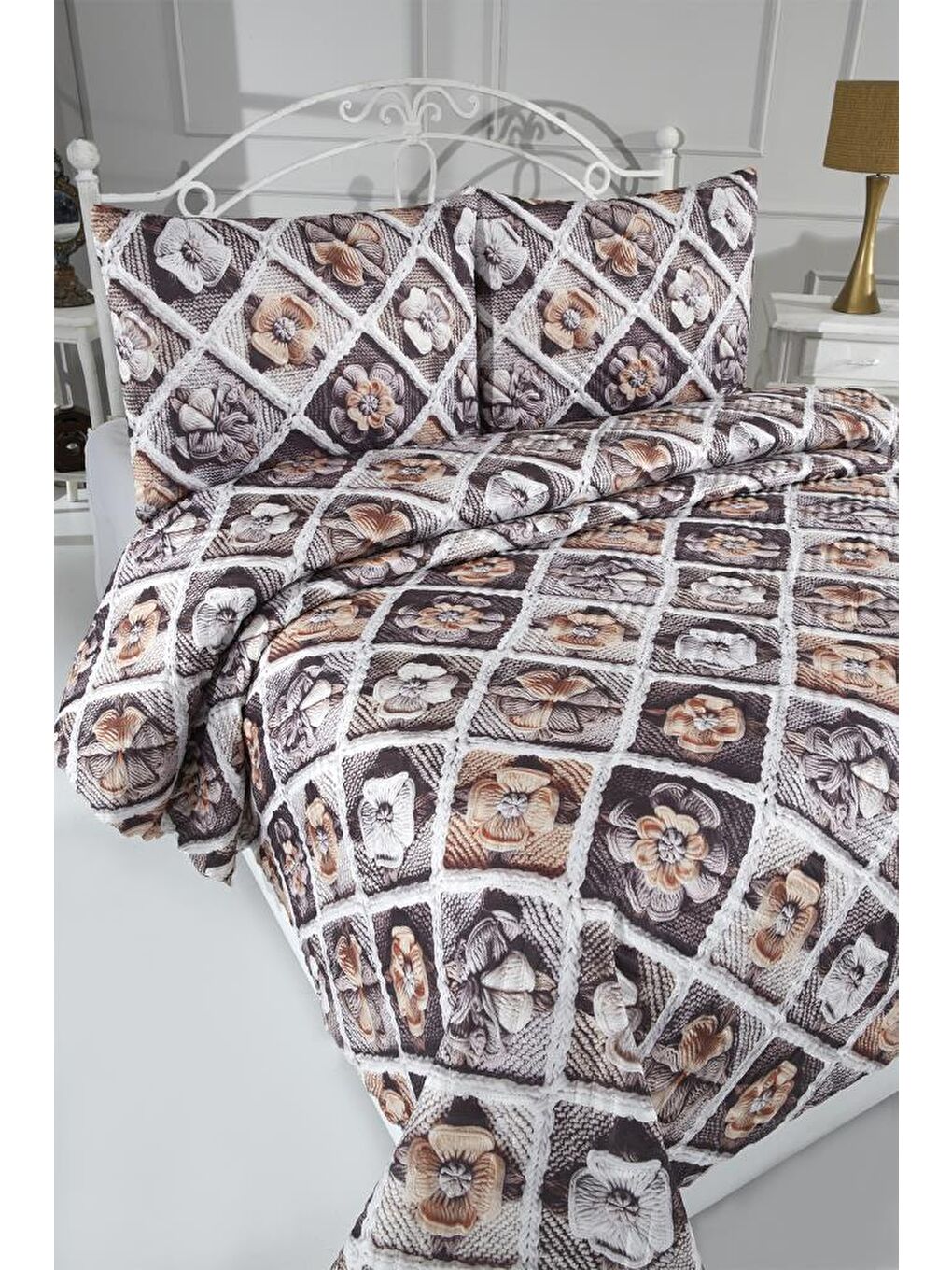 Karışık Gülce Ultrasonik Kapitoneli 5D Baskılı Çift Kişilik Pike Takımı-1