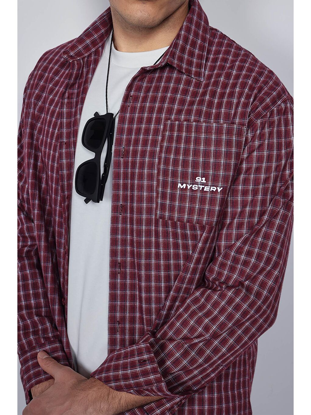 Erkek Boxy Fit Oversize Ekose Uzun Kollu Gömlek Bordo-3