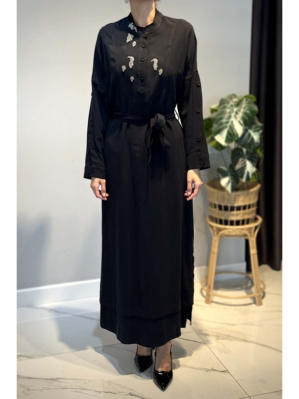 Kolları Ve Etek Altı Düğme Detaylı Elbise 6701 Siyah-3