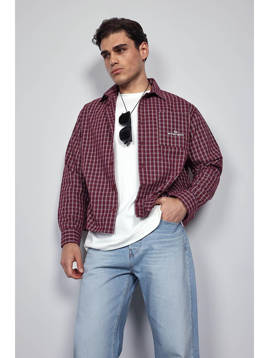 Erkek Boxy Fit Oversize Ekose Uzun Kollu Gömlek Bordo-4