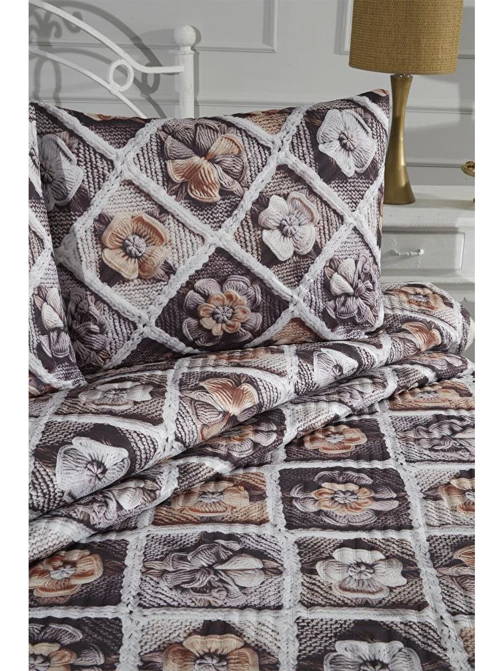 Karışık Gülce Ultrasonik Kapitoneli 5D Baskılı Çift Kişilik Pike Takımı-4