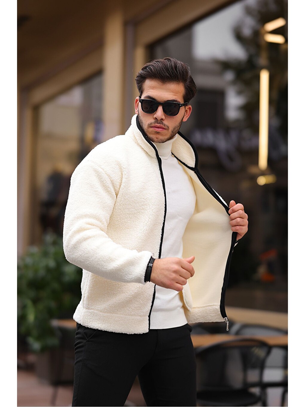 Ekru Yan Cepli Tam Fermuarlı Pelüş Sweatshirt
