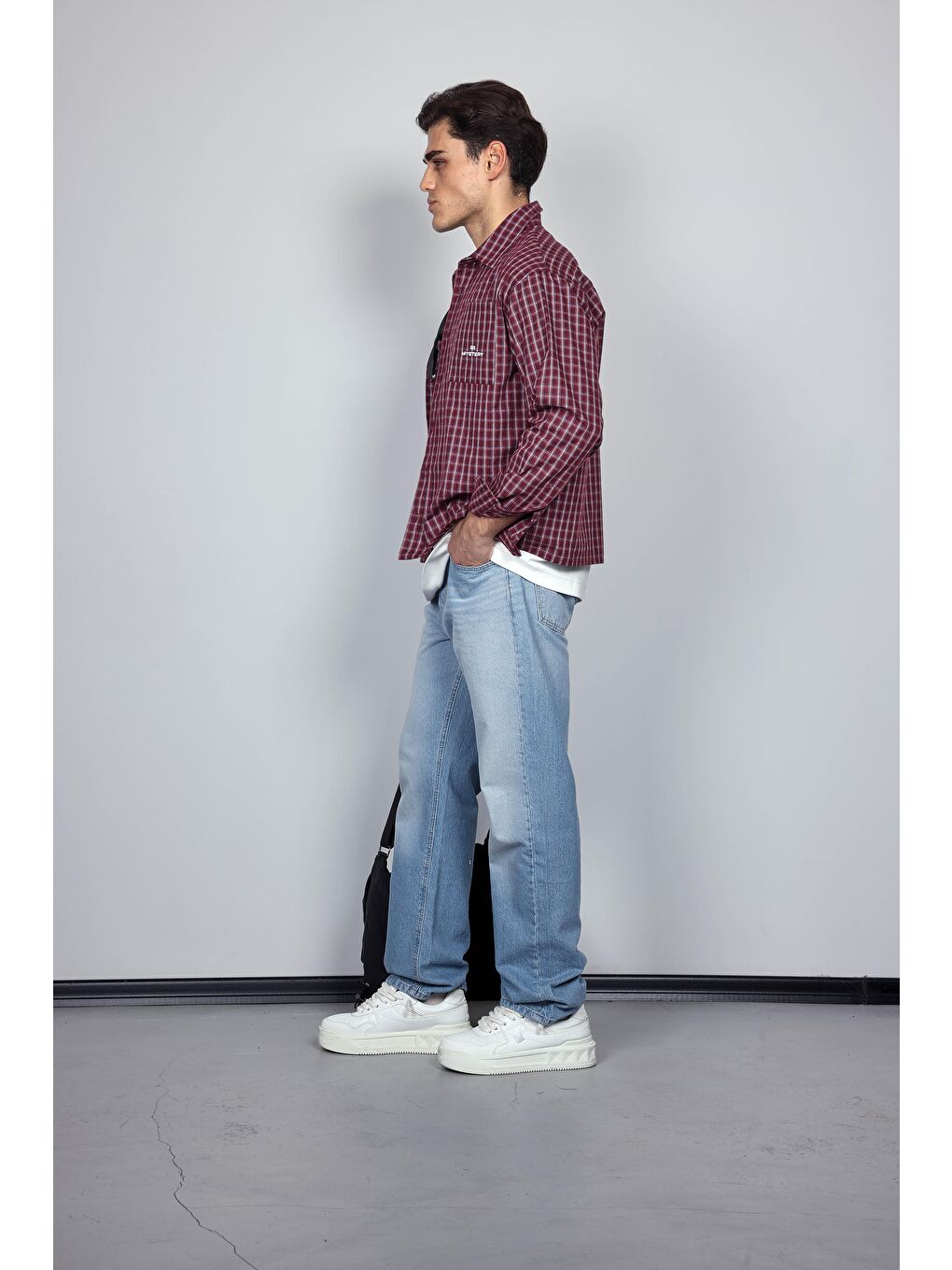 Erkek Boxy Fit Oversize Ekose Uzun Kollu Gömlek Bordo-5