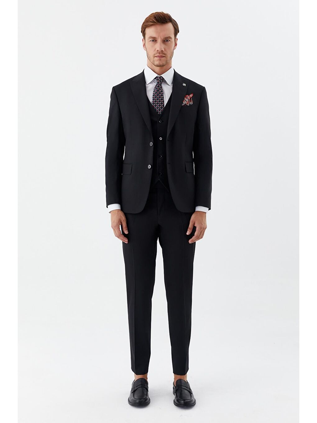 Erkek Siyah Slim Fit Yün Karışımlı Mono Yaka Yelekli 6 Drop Takım Elbise-1