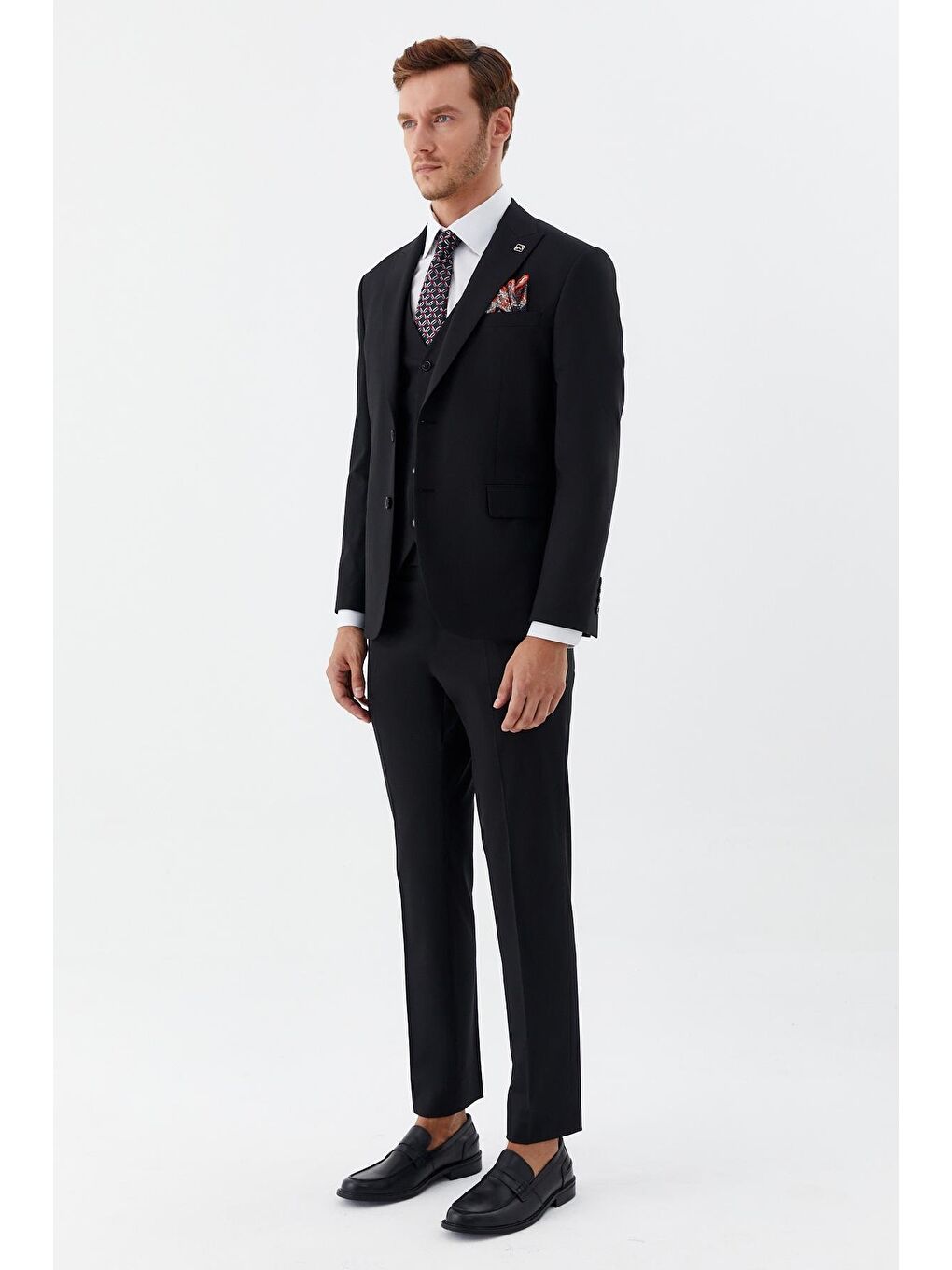 Erkek Siyah Slim Fit Yün Karışımlı Mono Yaka Yelekli 6 Drop Takım Elbise-2