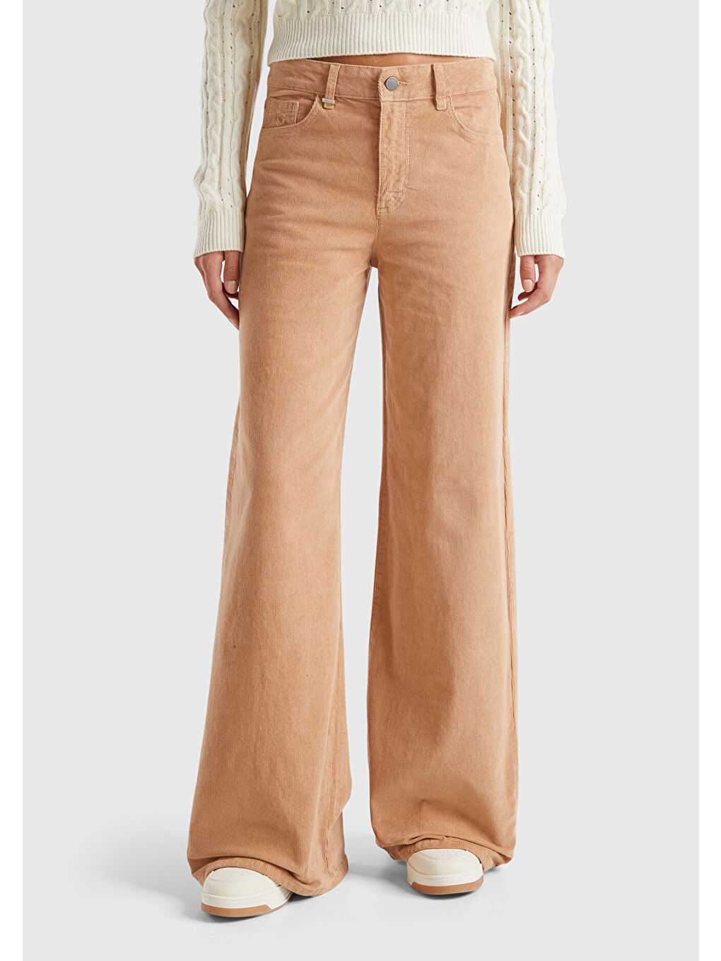 Kahverengi Kadın Taba Pamuk Karışımlı Arkası Logo Etiketli Geniş Paça Kadife Pantolon-1