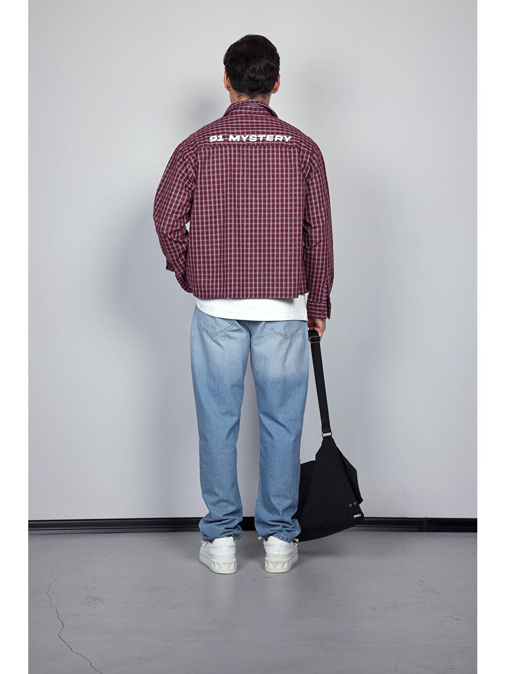 Erkek Boxy Fit Oversize Ekose Uzun Kollu Gömlek Bordo-6