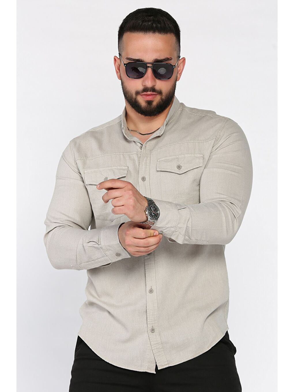 Bej Çift Cepli Erkek Uzun Kol Gömlek