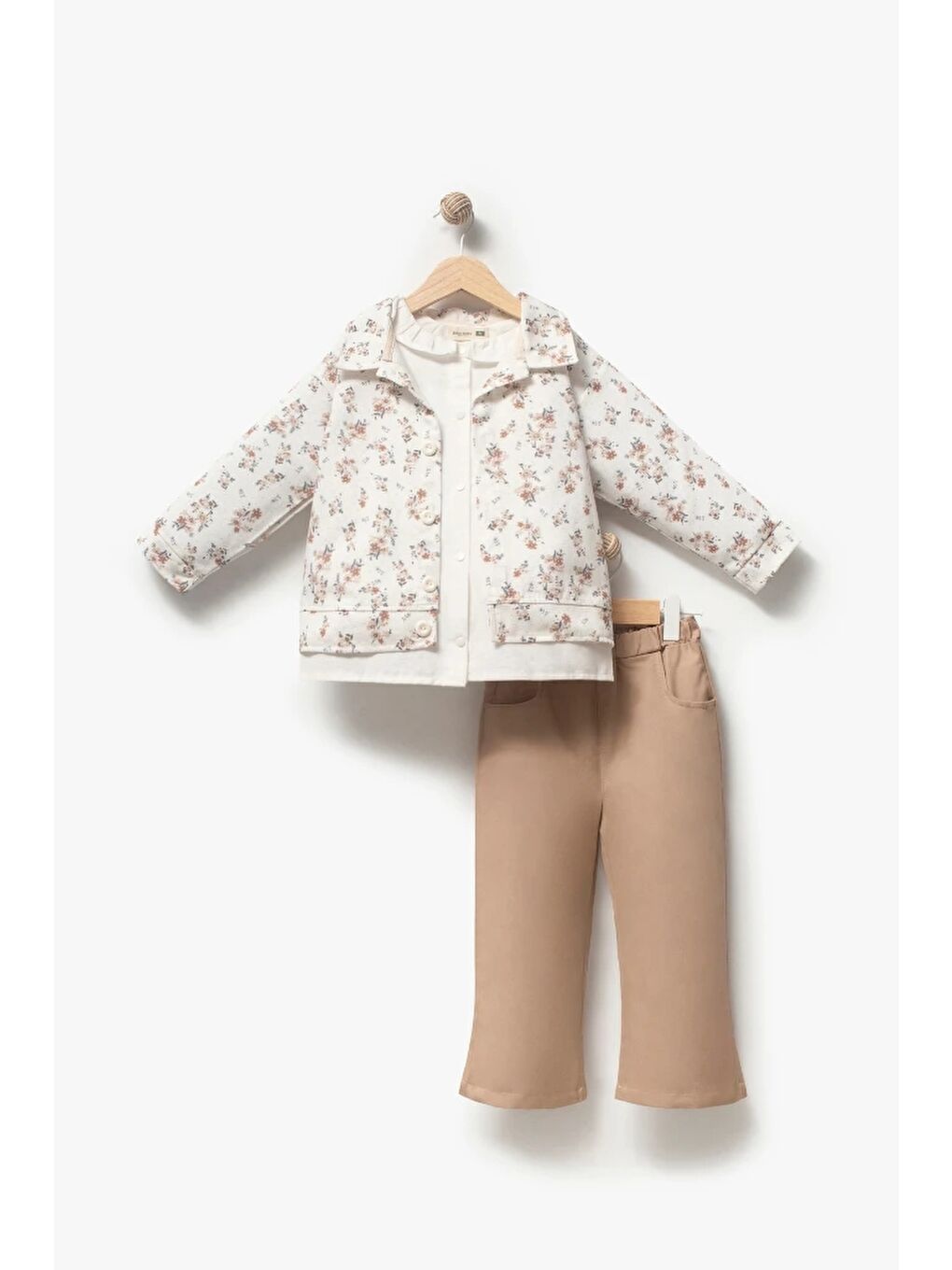 Bej Çiçekli Vintage Tarz & Gömlek Yaka Bayramlık Kız Çocuk Takımı 9094-3