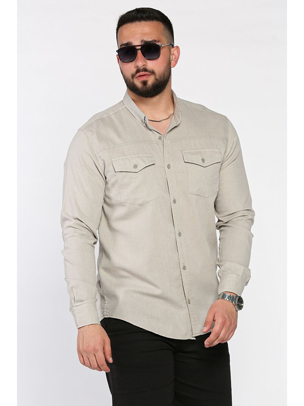 Bej Çift Cepli Erkek Uzun Kol Gömlek-1