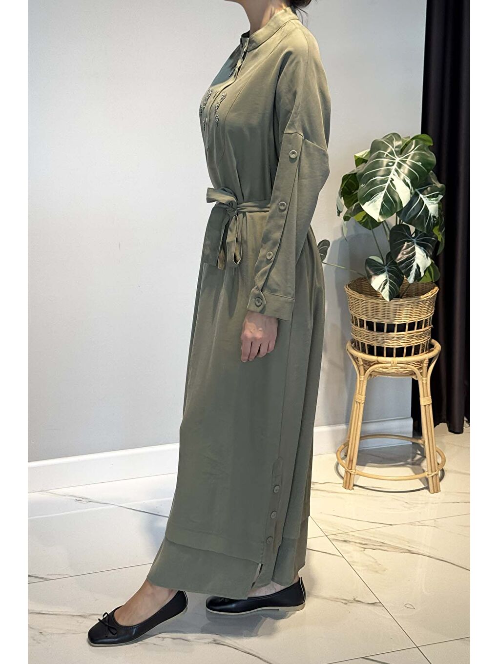 Kolları Ve Etek Altı Düğme Detaylı Elbise 6701 Haki-1