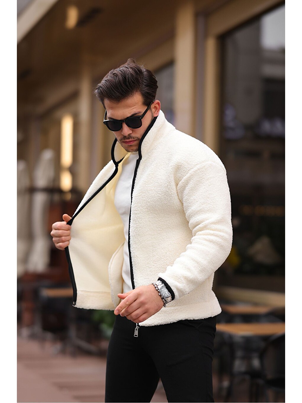 Ekru Yan Cepli Tam Fermuarlı Pelüş Sweatshirt-1
