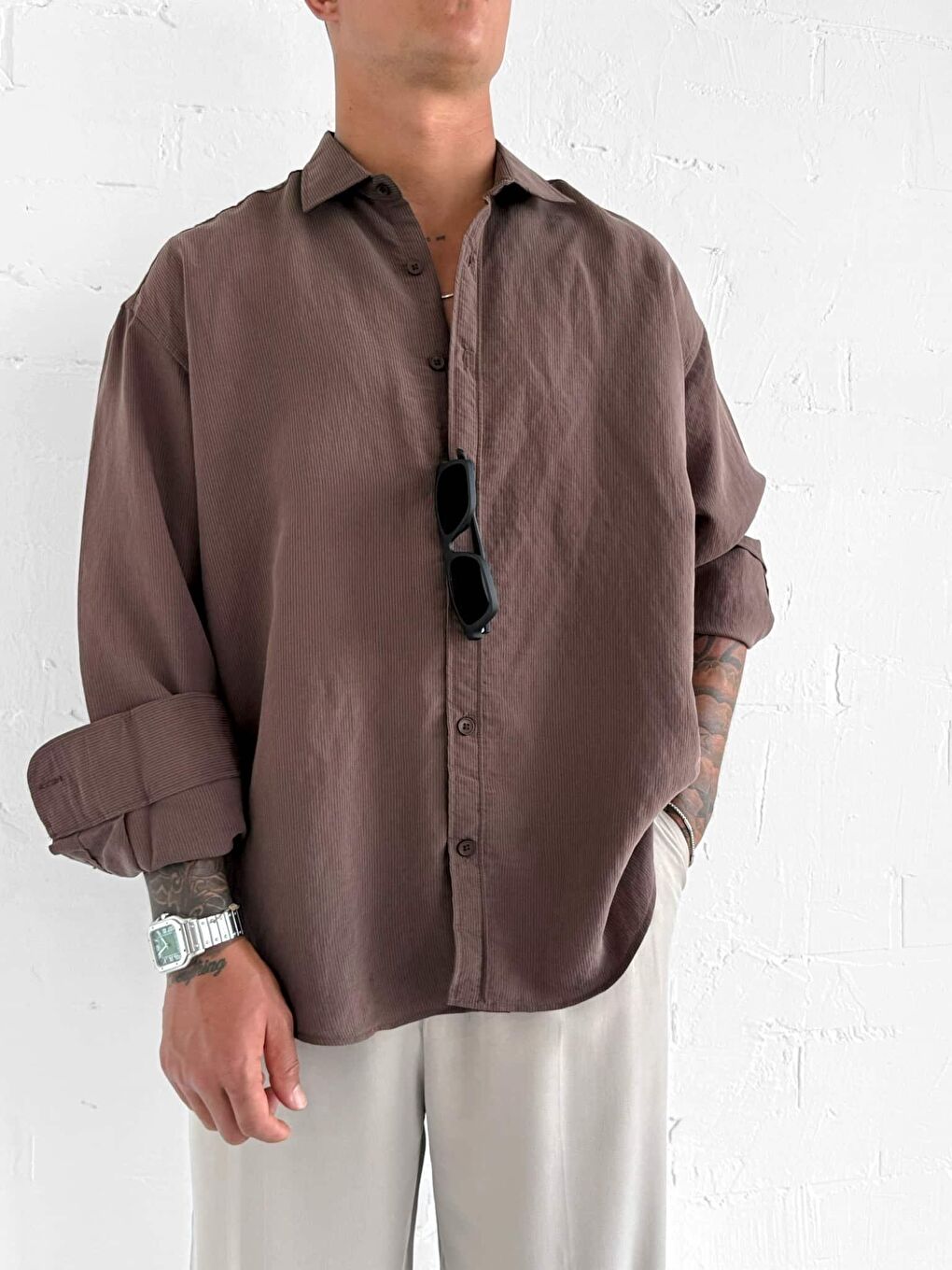 Erkek Premium Çizgili Uzun Kollu Oversize Gömlek Kahverengi-1