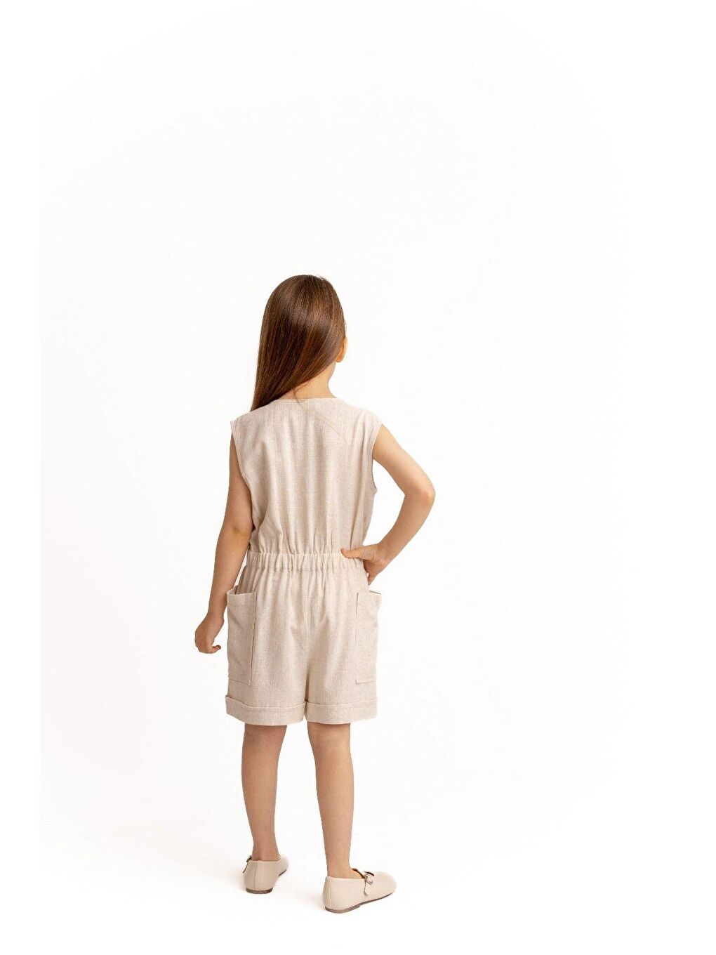 Ekru Kız Çocuk Keten Tulum-2