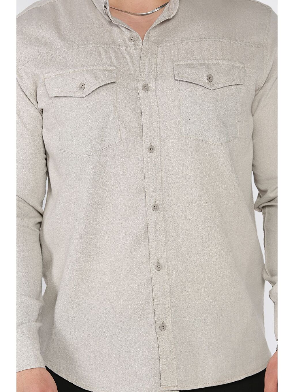 Bej Çift Cepli Erkek Uzun Kol Gömlek-3