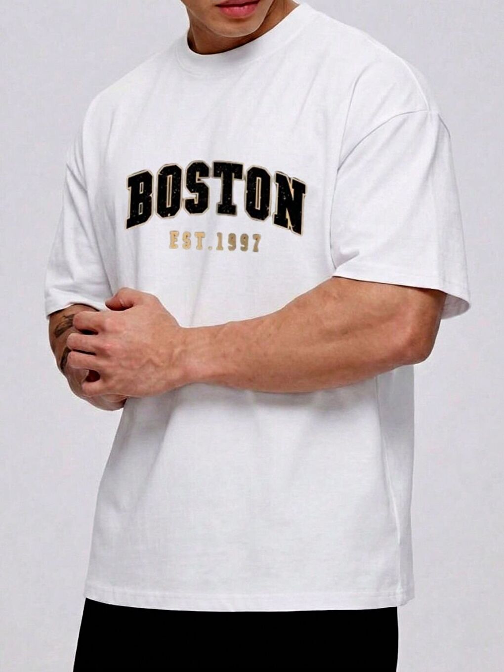 Erkek Beyaz Boston 1997 Baskı Detay %100 Organik Pamuk Örme Oversize Tişört-1